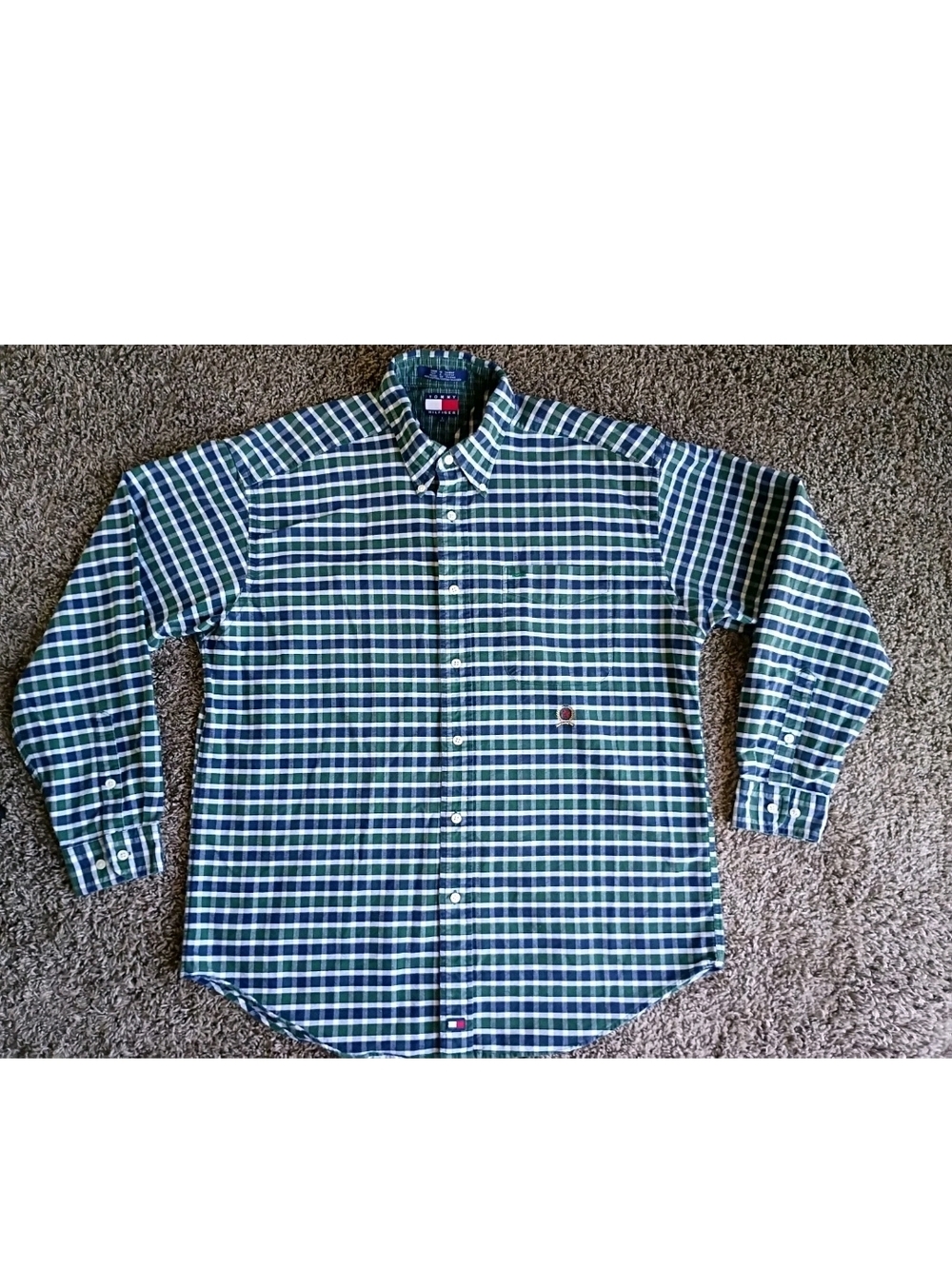 Vintage Tommy Hilfiger Button Down Shirt Mens L Plaid Crest Logo Purple & Green